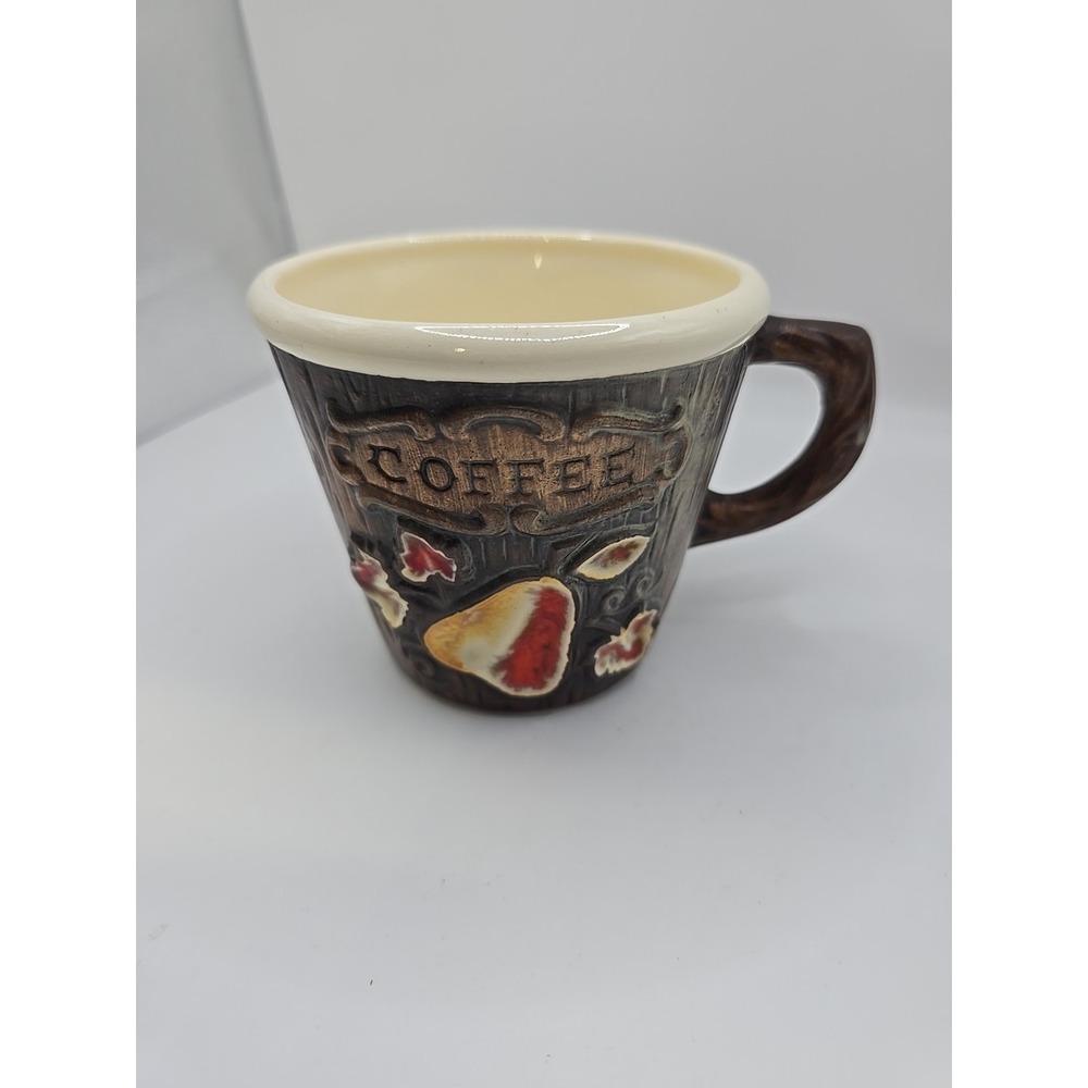 Vintag Treasure Craft Coffee Ceramic Mug With Wood Bark Design And Pear Fruit